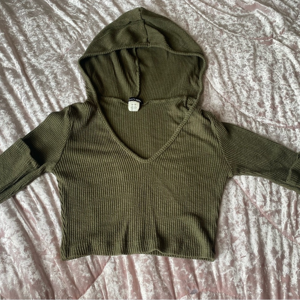 Olive Green Ribbed Knit Hoodie